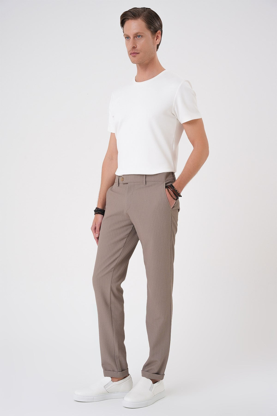Comfort Fit Rahat Kalıp Gofre Dokulu Beli Lastikli Çizgili Vizon Jogger Pantolon P 1177