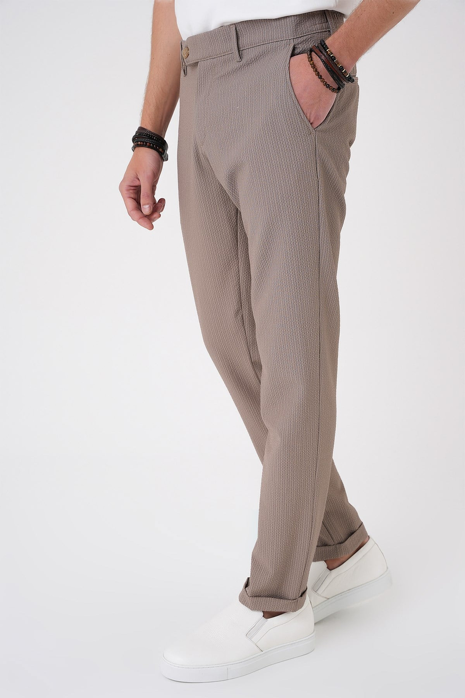 Comfort Fit Rahat Kalıp Gofre Dokulu Beli Lastikli Çizgili Vizon Jogger Pantolon P 1177