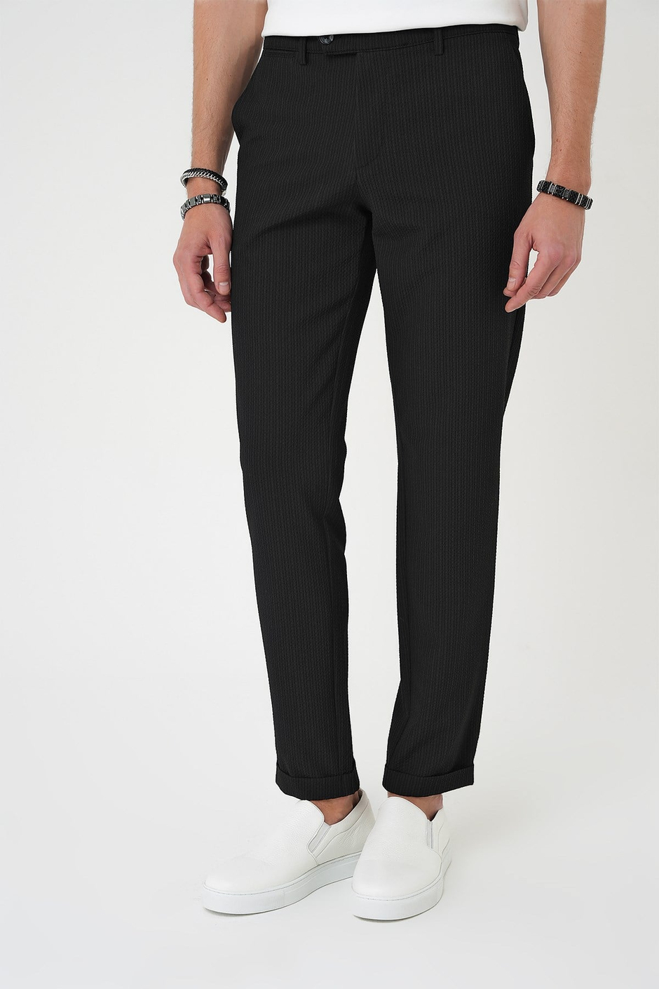 Comfort Fit Rahat Kalıp Gofre Dokulu Beli Lastikli Çizgili Siyah Jogger Pantolon P 1177