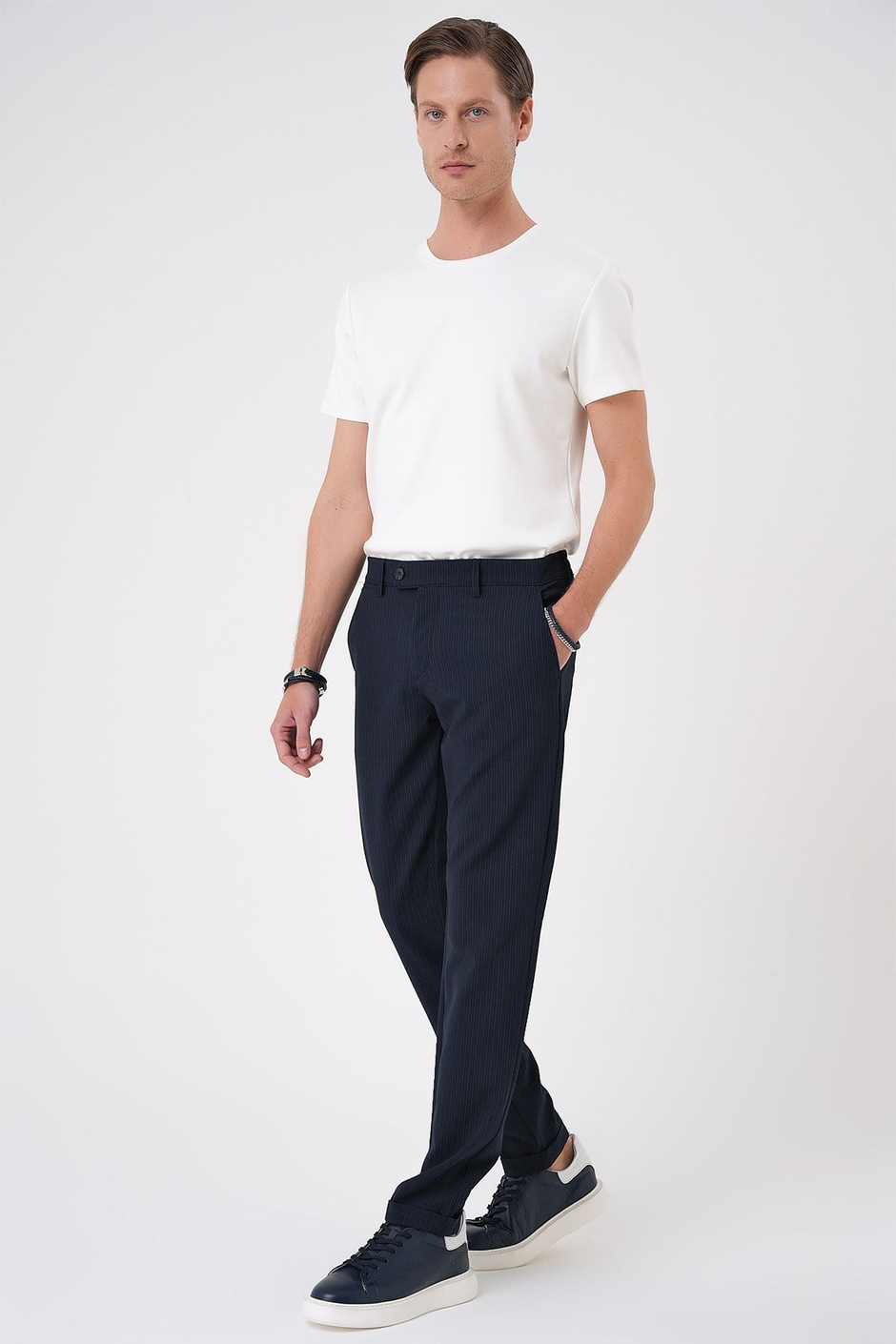 Comfort Fit Rahat Kalıp Gofre Dokulu Beli Lastikli Çizgili Lacivert Jogger Pantolon P 1177