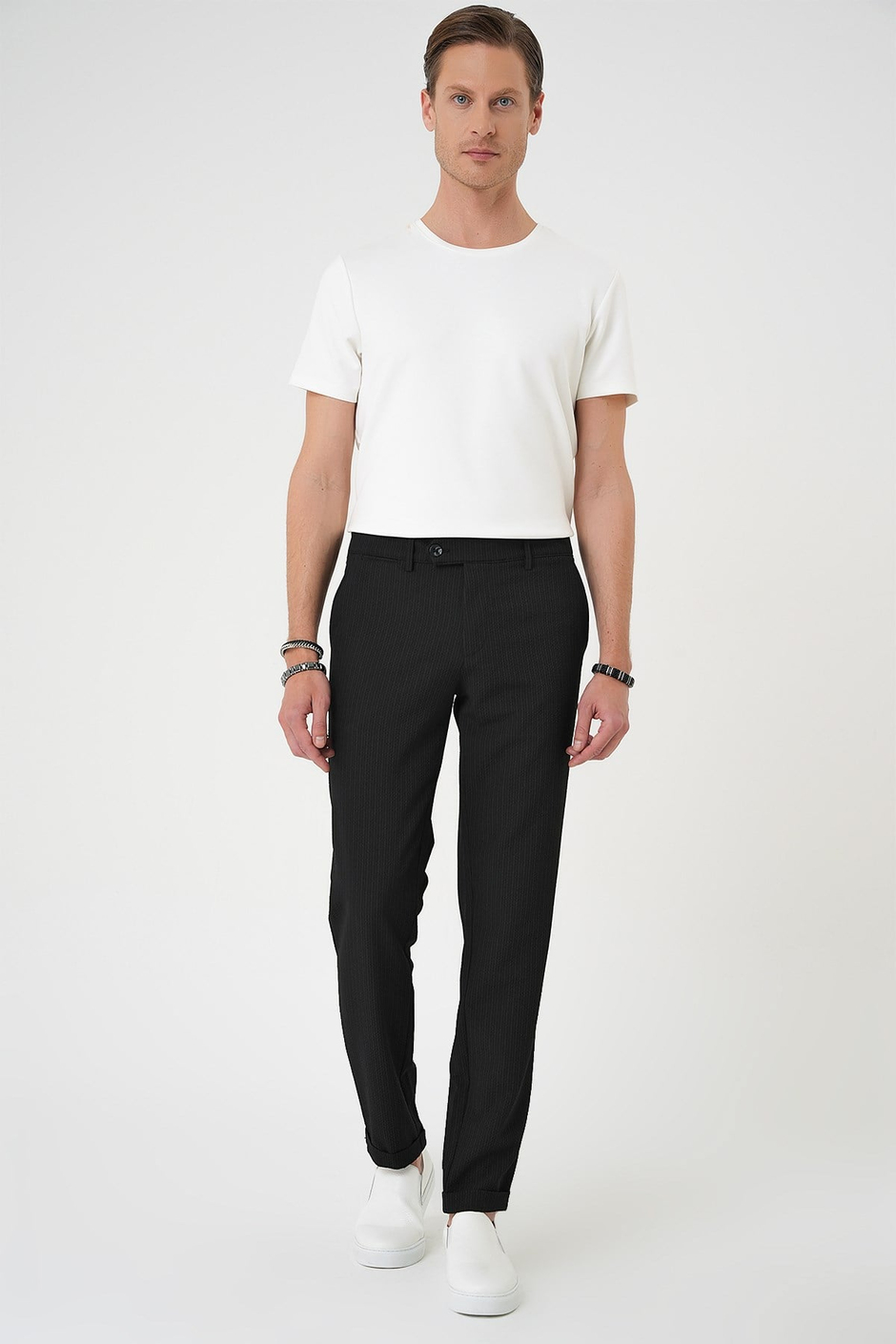 Comfort Fit Rahat Kalıp Gofre Dokulu Beli Lastikli Çizgili Siyah Jogger Pantolon P 1177