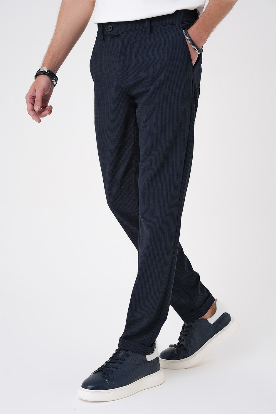 Comfort Fit Rahat Kalıp Gofre Dokulu Beli Lastikli Çizgili Lacivert Jogger Pantolon P 1177