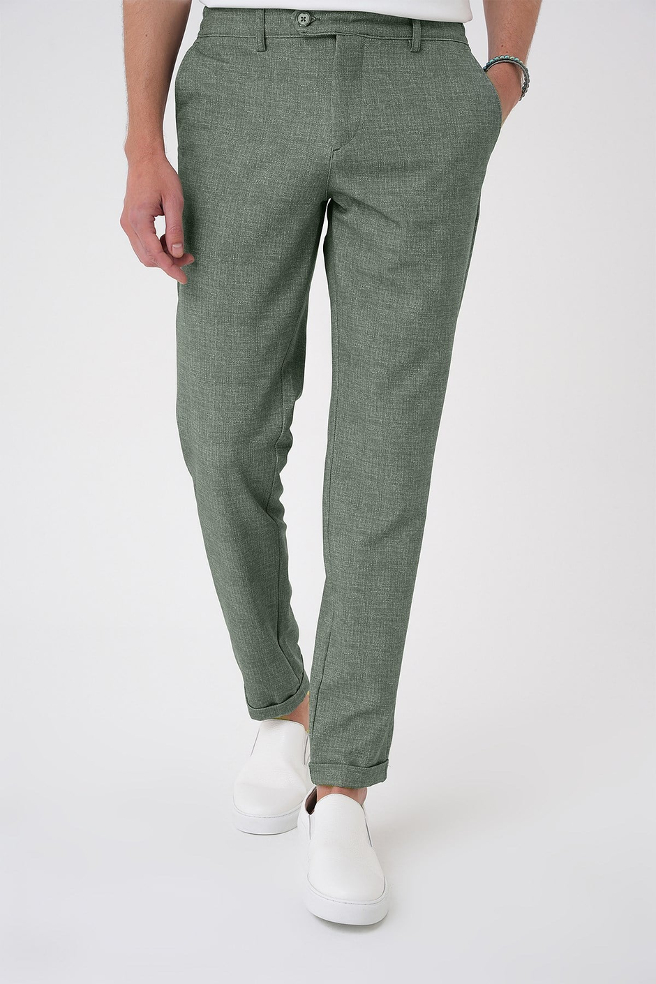 Comfort Fit Rahat Kalıp Kırçıllı Beli Lastikli Yeşil Jogger Pantolon P 1176