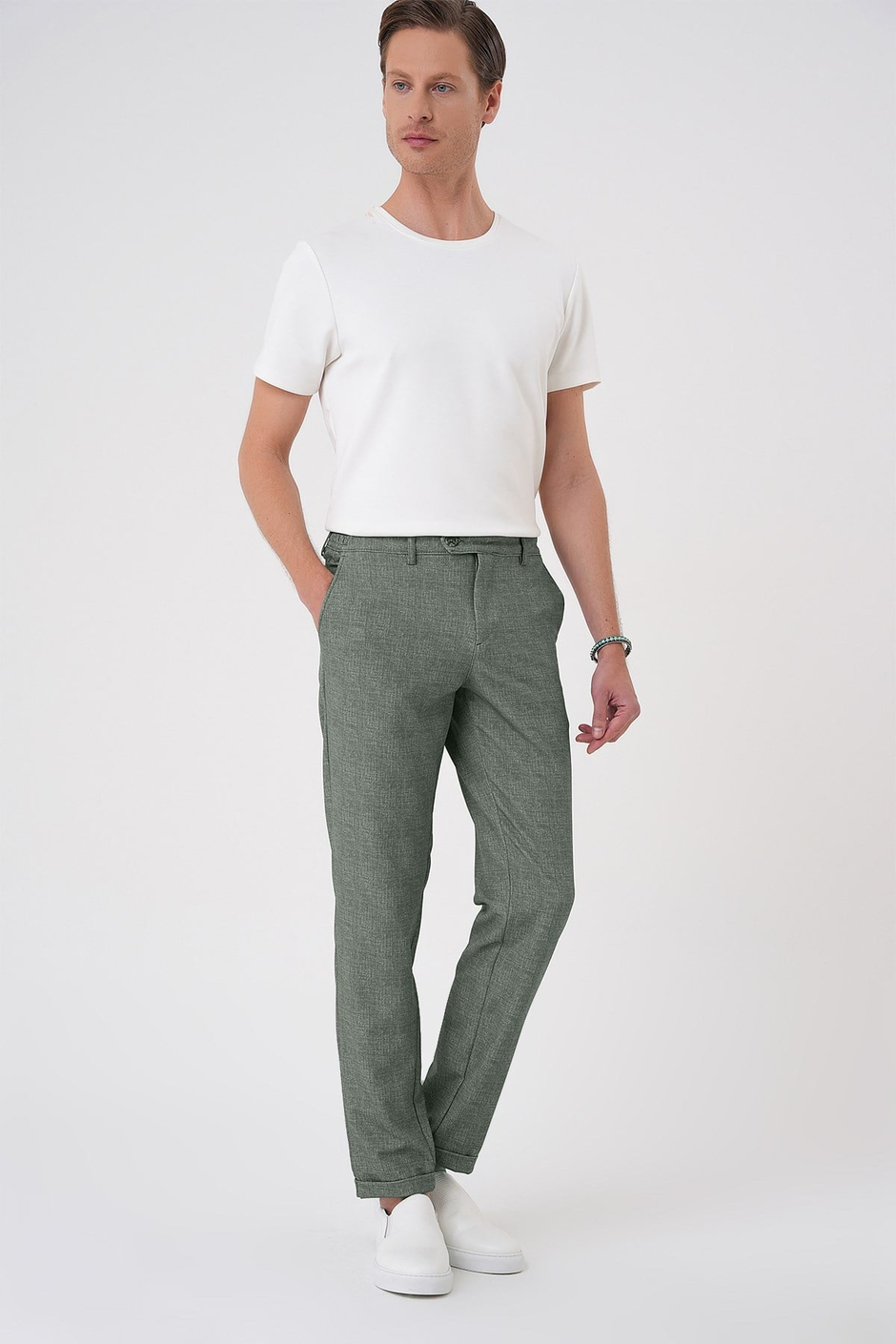 Comfort Fit Rahat Kalıp Kırçıllı Beli Lastikli Yeşil Jogger Pantolon P 1176