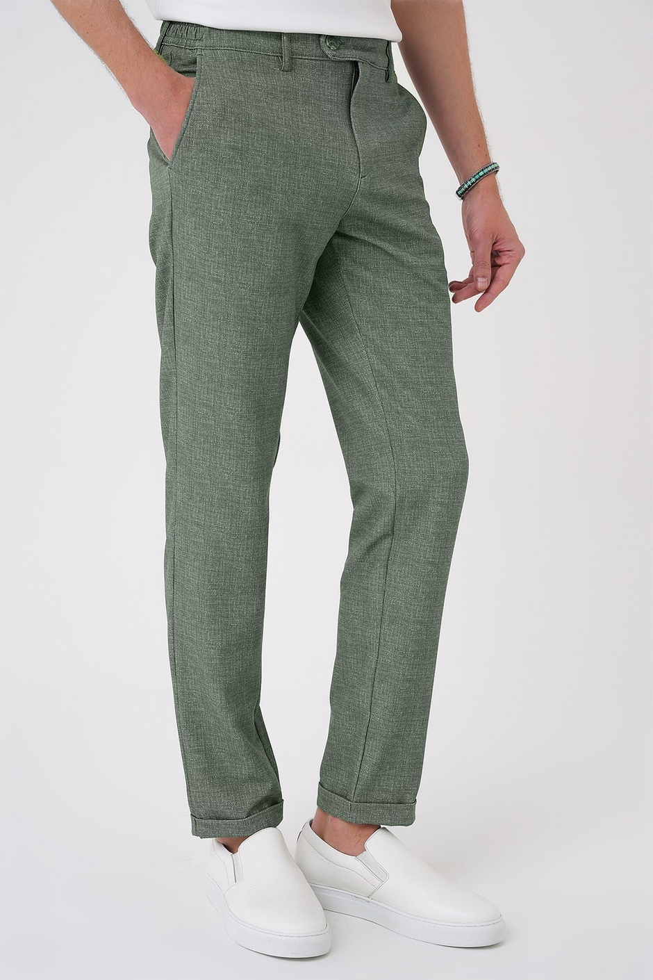 Comfort Fit Rahat Kalıp Kırçıllı Beli Lastikli Yeşil Jogger Pantolon P 1176