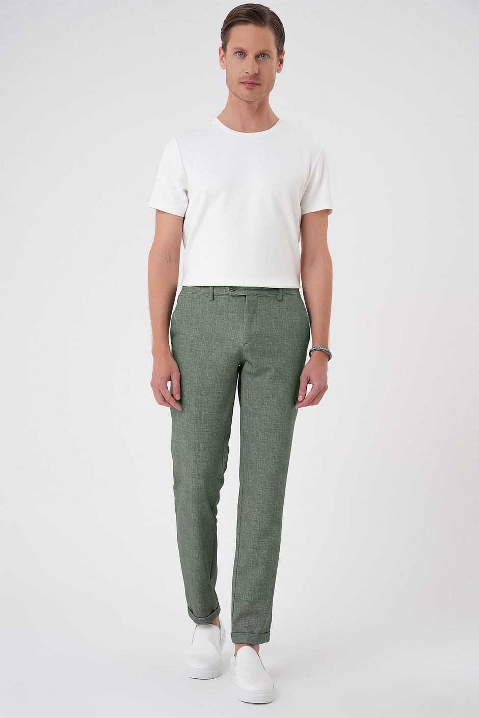 Comfort Fit Rahat Kalıp Kırçıllı Beli Lastikli Yeşil Jogger Pantolon P 1176