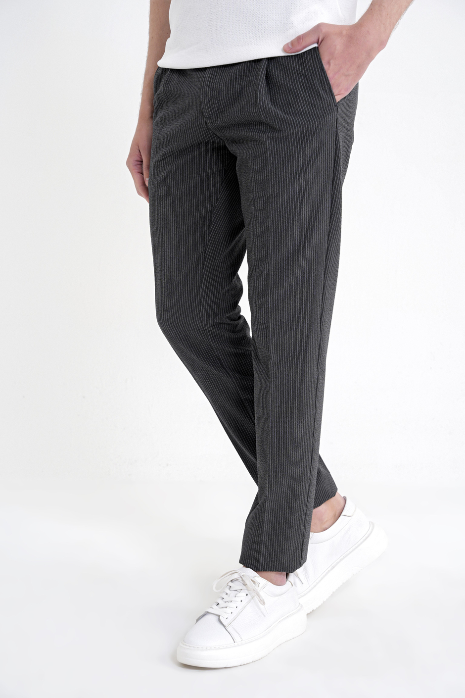Comfort Fit Rahat Kalıp Pileli Esnek Pamuklu Çizgili Siyah Jogger Pantolon P 1218