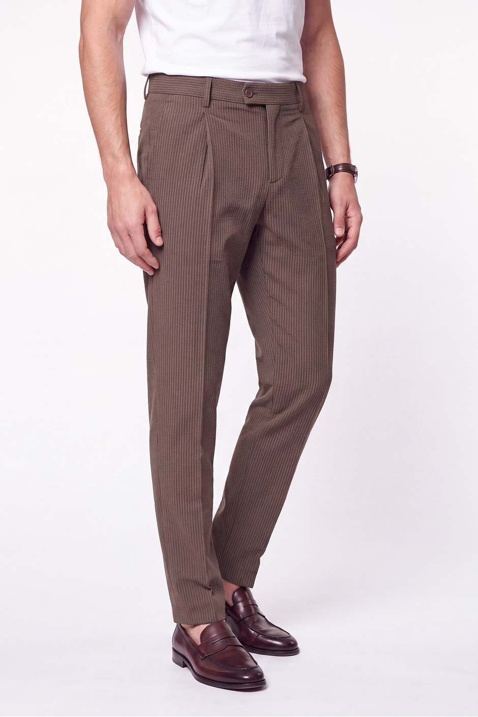 Comfort Fit Rahat Kalıp Pileli Esnek Pamuklu Çizgili Camel Jogger Pantolon P 1218