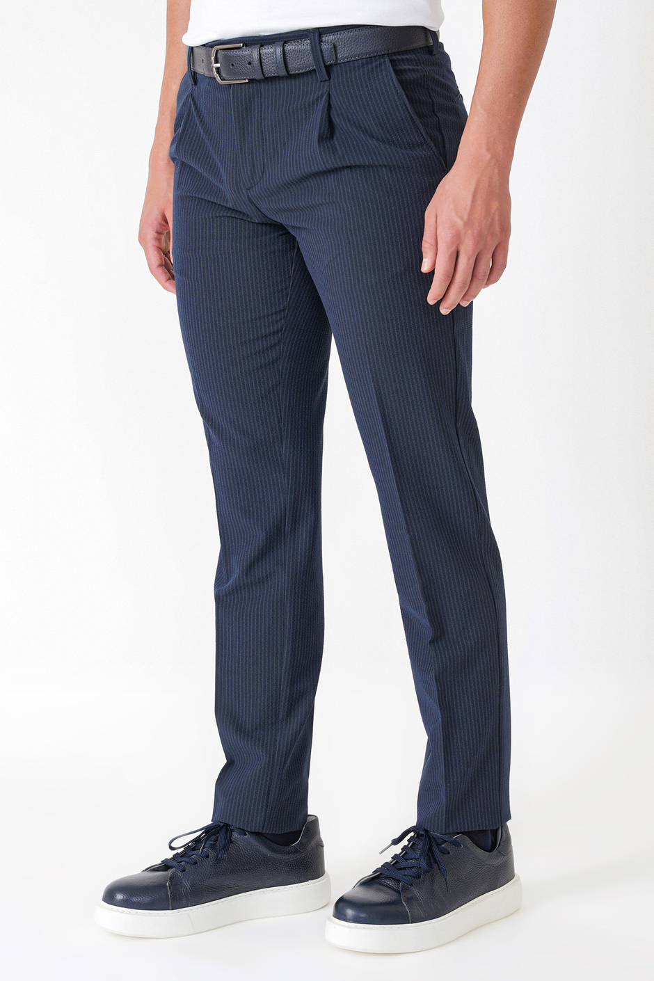 Comfort Fit Rahat Kalıp Pileli Esnek Pamuklu Çizgili Lacivert Jogger Pantolon P 1218
