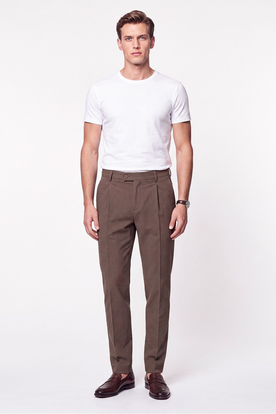 Comfort Fit Rahat Kalıp Pileli Esnek Pamuklu Çizgili Camel Jogger Pantolon P 1218
