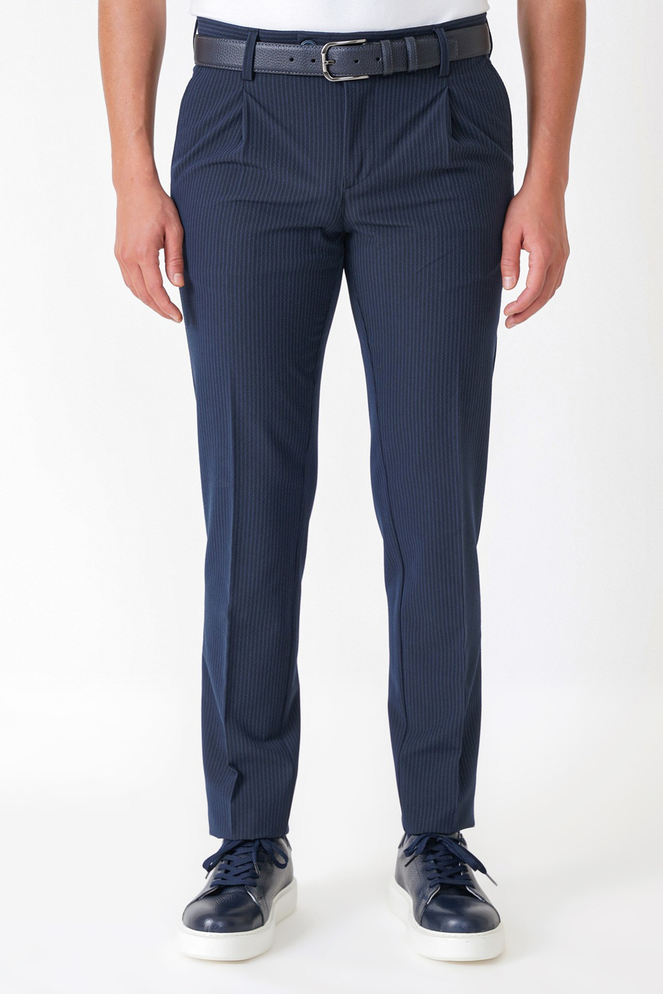Comfort Fit Rahat Kalıp Pileli Esnek Pamuklu Çizgili Lacivert Jogger Pantolon P 1218