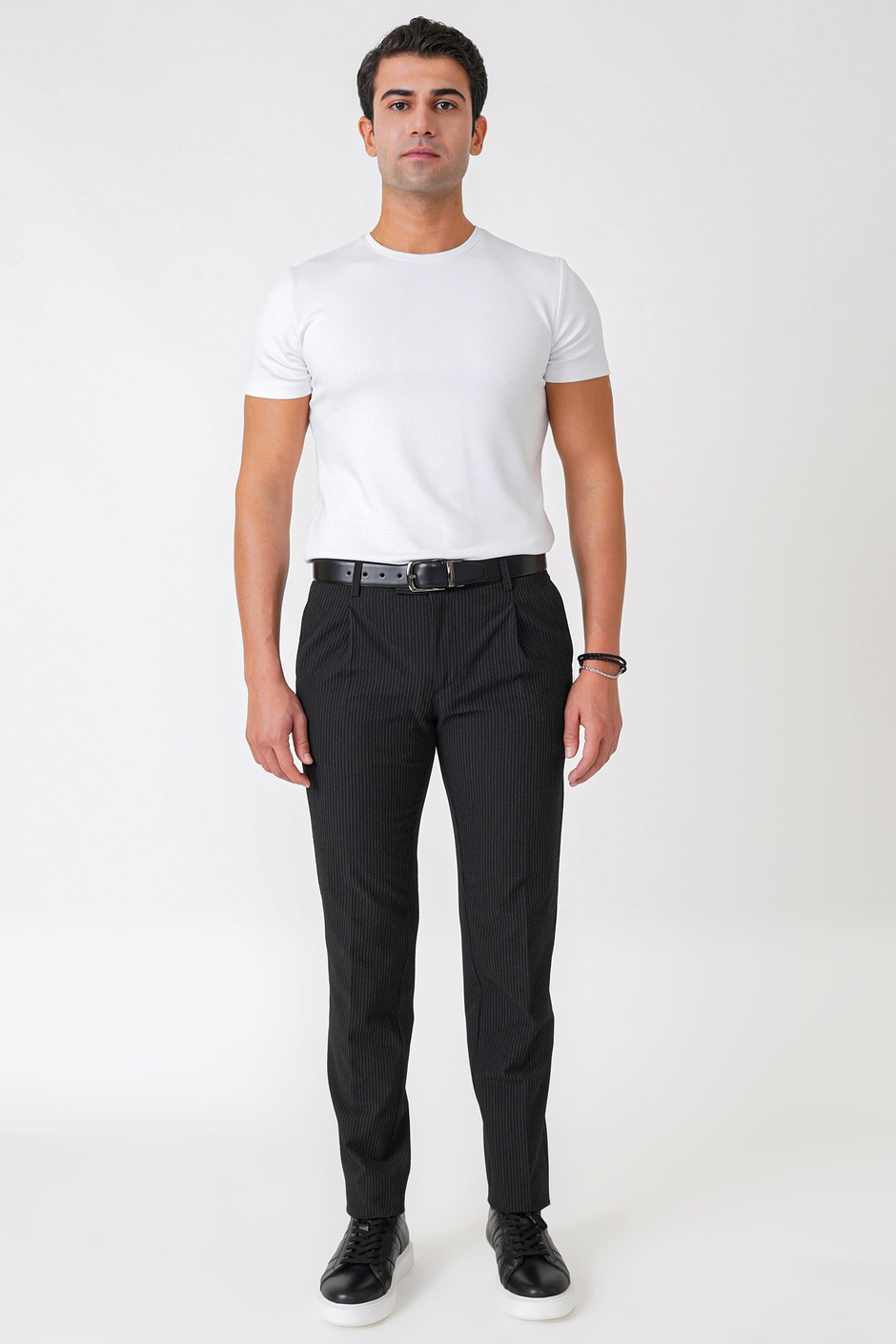 Comfort Fit Rahat Kalıp Pileli Esnek Pamuklu Çizgili Koyu Siyah Jogger Pantolon P 1218