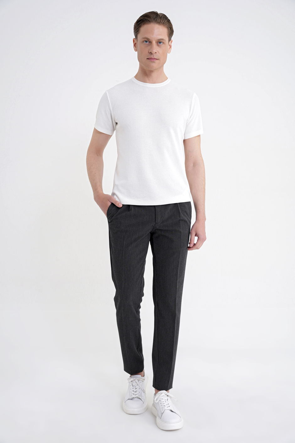 Comfort Fit Rahat Kalıp Pileli Esnek Pamuklu Çizgili Siyah Jogger Pantolon P 1218