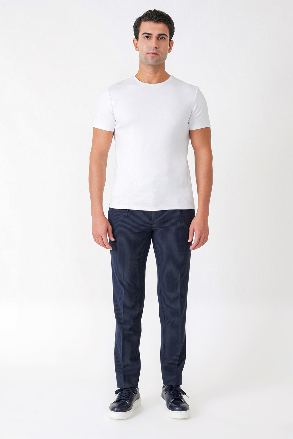Comfort Fit Rahat Kalıp Pileli Esnek Pamuklu Çizgili Lacivert Jogger Pantolon P 1218