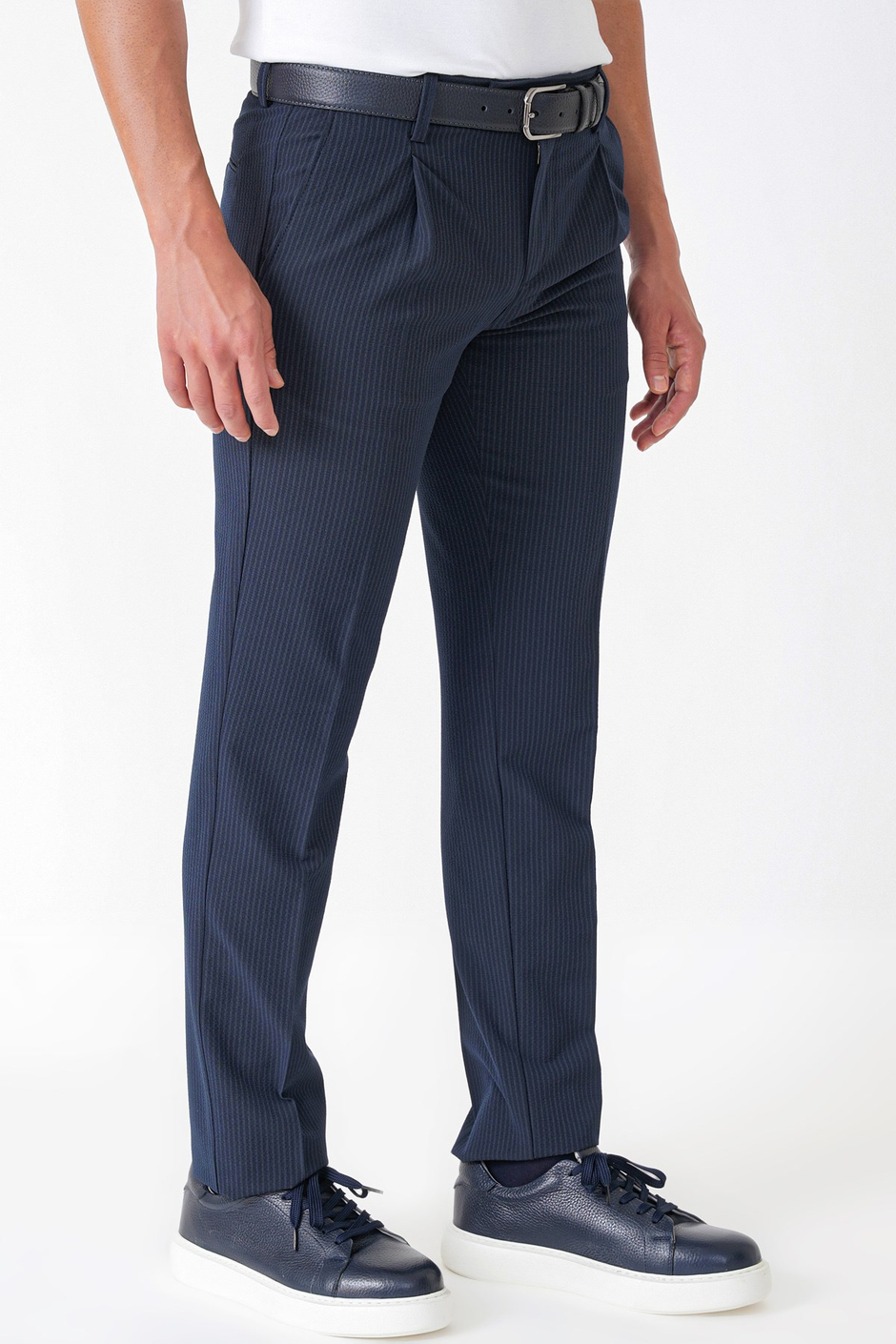 Comfort Fit Rahat Kalıp Pileli Esnek Pamuklu Çizgili Lacivert Jogger Pantolon P 1218