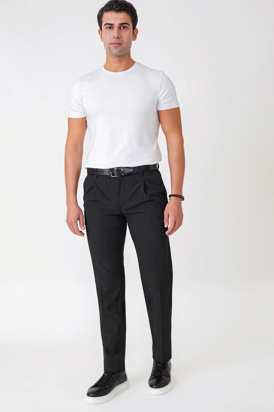 Comfort Fit Rahat Kalıp Pileli Esnek Pamuklu Çizgili Koyu Siyah Jogger Pantolon P 1218