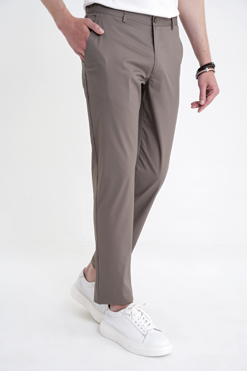 Comfort Fit Rahat Kalıp Yan Cep Beli Lastikli %97 Pamuk Haki Pantolon P 1214