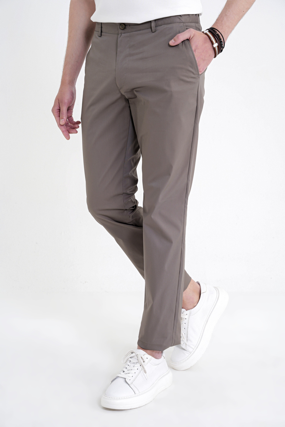 Comfort Fit Rahat Kalıp Yan Cep Beli Lastikli %97 Pamuk Haki Pantolon P 1214