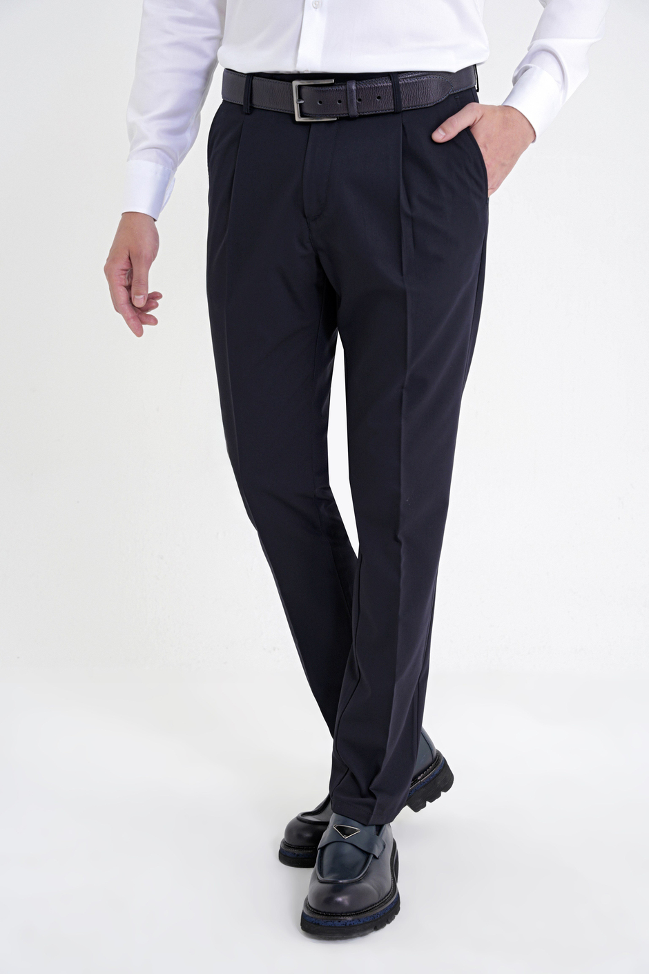 Comfort Fit Rahat Kalıp Yan Cep Esnek Pamuklu Gabardin Pileli Lacivert Pantolon P 1211