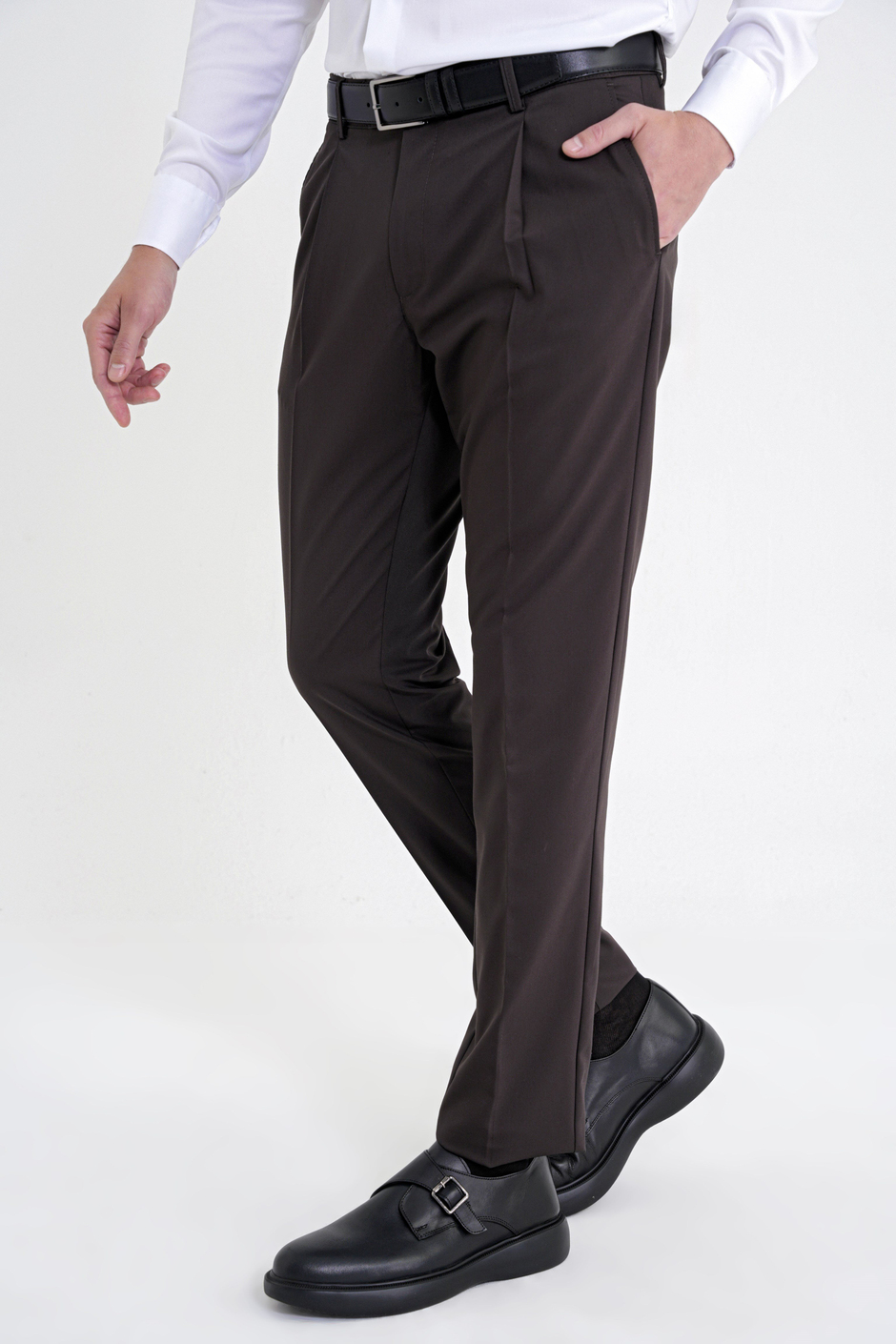 Comfort Fit Rahat Kalıp Yan Cep Esnek Pamuklu Gabardin Pileli Kahverengi Pantolon P 1211