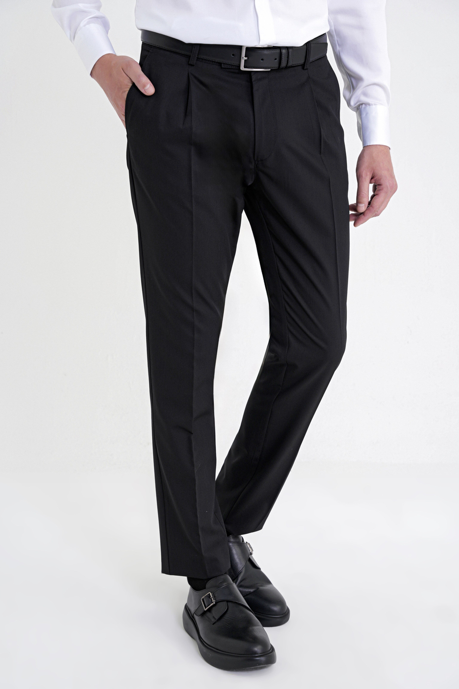 Comfort Fit Rahat Kalıp Yan Cep Esnek Pamuklu Gabardin Pileli Siyah Pantolon P 1211