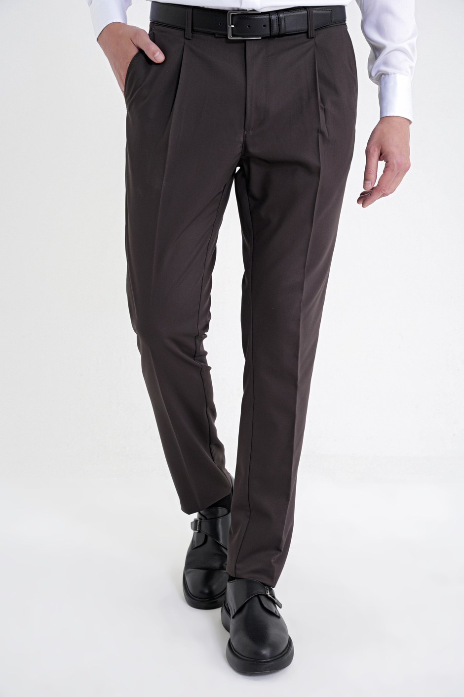 Comfort Fit Rahat Kalıp Yan Cep Esnek Pamuklu Gabardin Pileli Kahverengi Pantolon P 1211