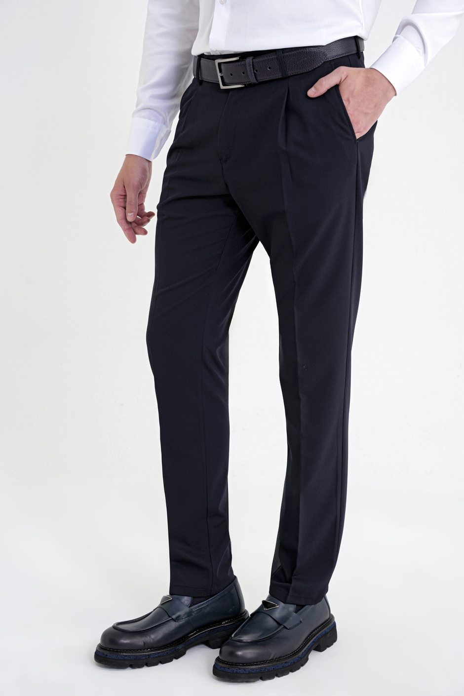 Comfort Fit Rahat Kalıp Yan Cep Esnek Pamuklu Gabardin Pileli Lacivert Pantolon P 1211