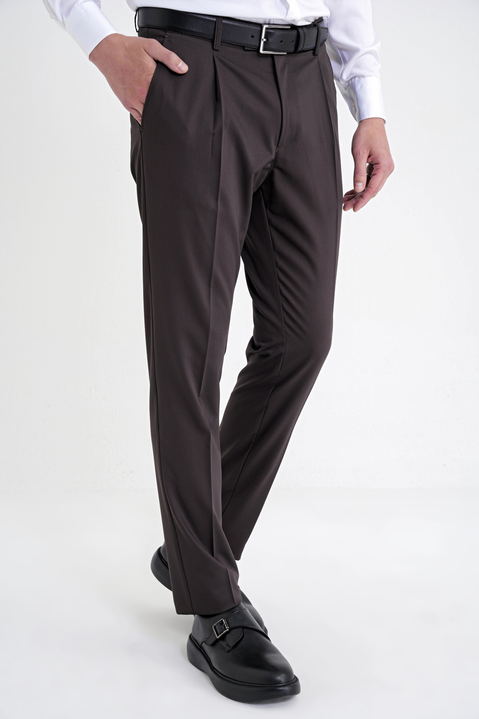 Comfort Fit Rahat Kalıp Yan Cep Esnek Pamuklu Gabardin Pileli Kahverengi Pantolon P 1211