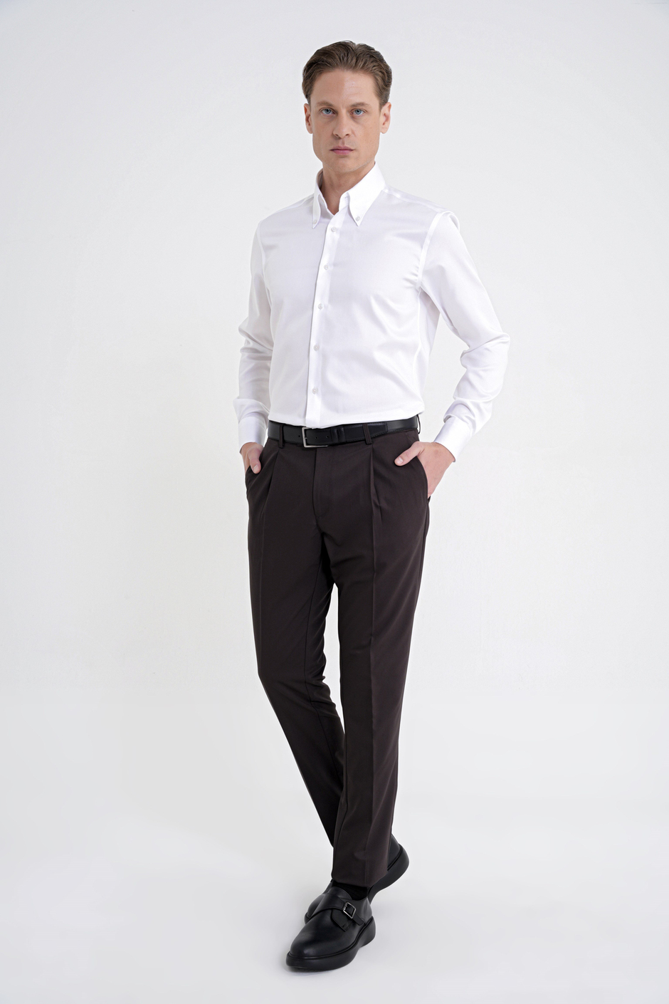 Comfort Fit Rahat Kalıp Yan Cep Esnek Pamuklu Gabardin Pileli Kahverengi Pantolon P 1211
