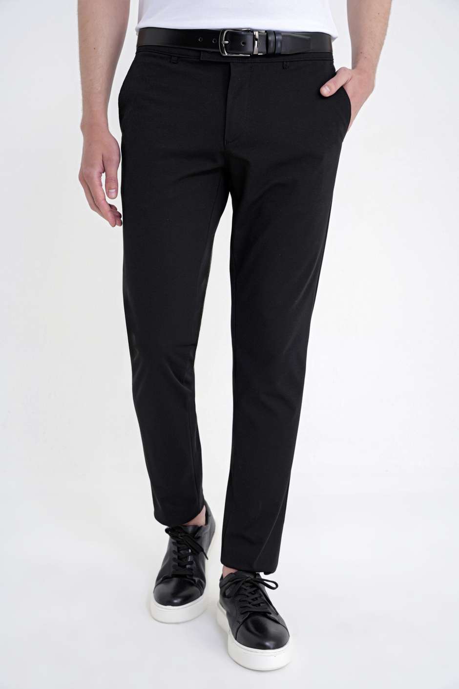 Comfort Fit Rahat Kalıp Yan Cep Pamuklu Dokulu Siyah Pantolon P 1219