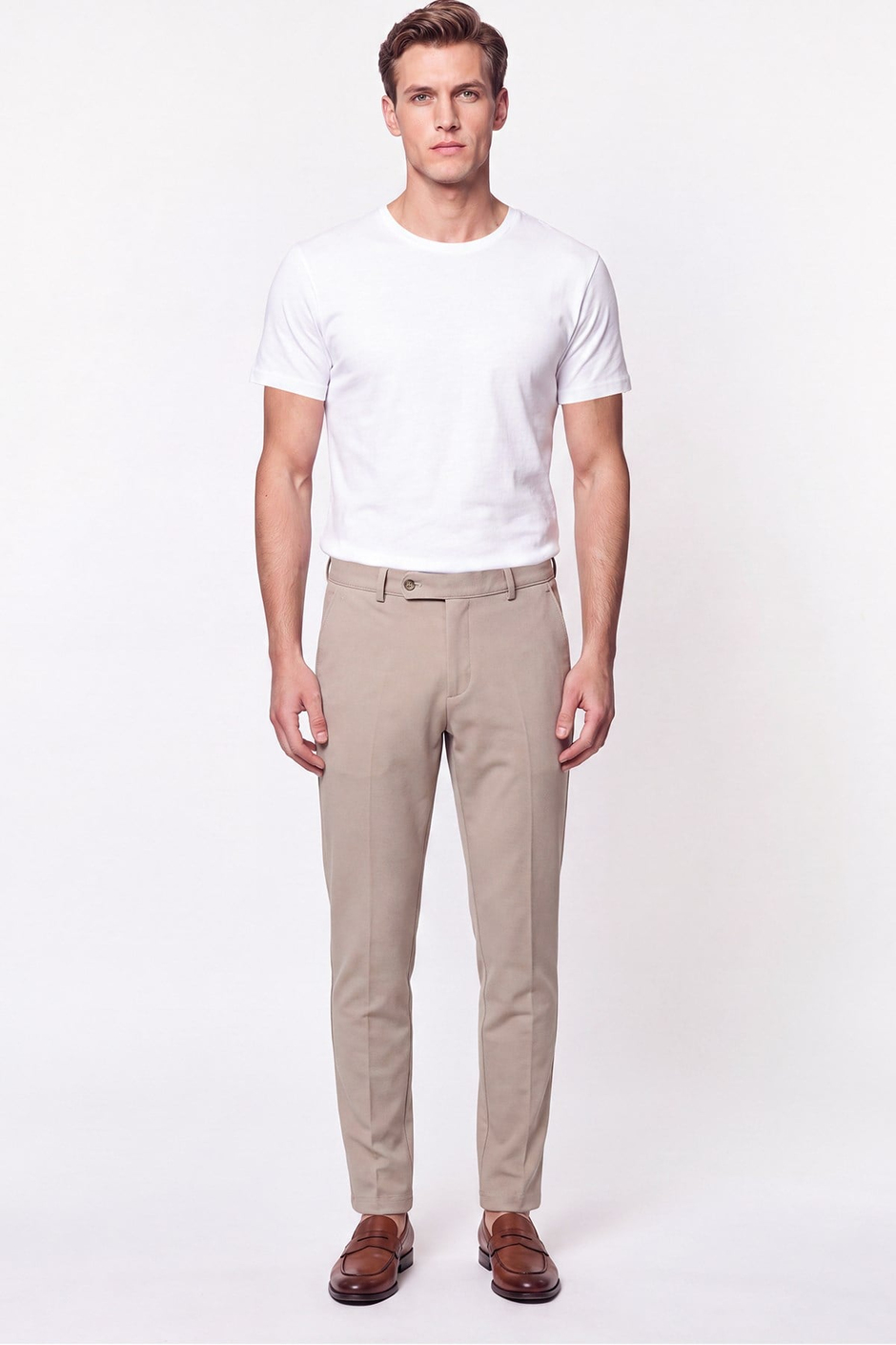 Comfort Fit Rahat Kalıp Yan Cep Pamuklu Dokulu Bej Pantolon P 1219