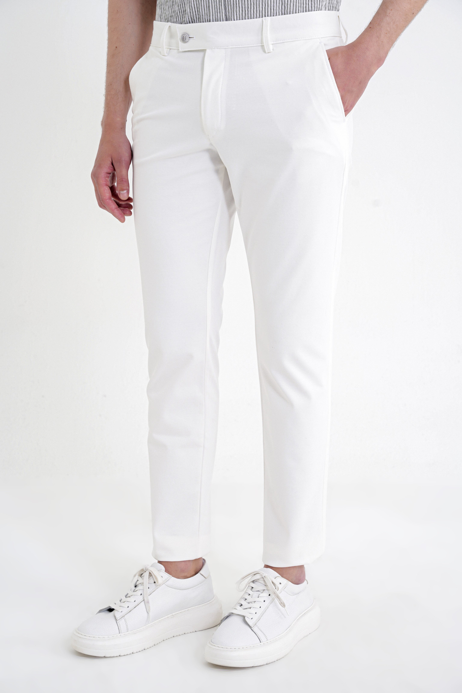 Comfort Fit Rahat Kalıp Yan Cep Pamuklu Dokulu Ekru Pantolon P 1219