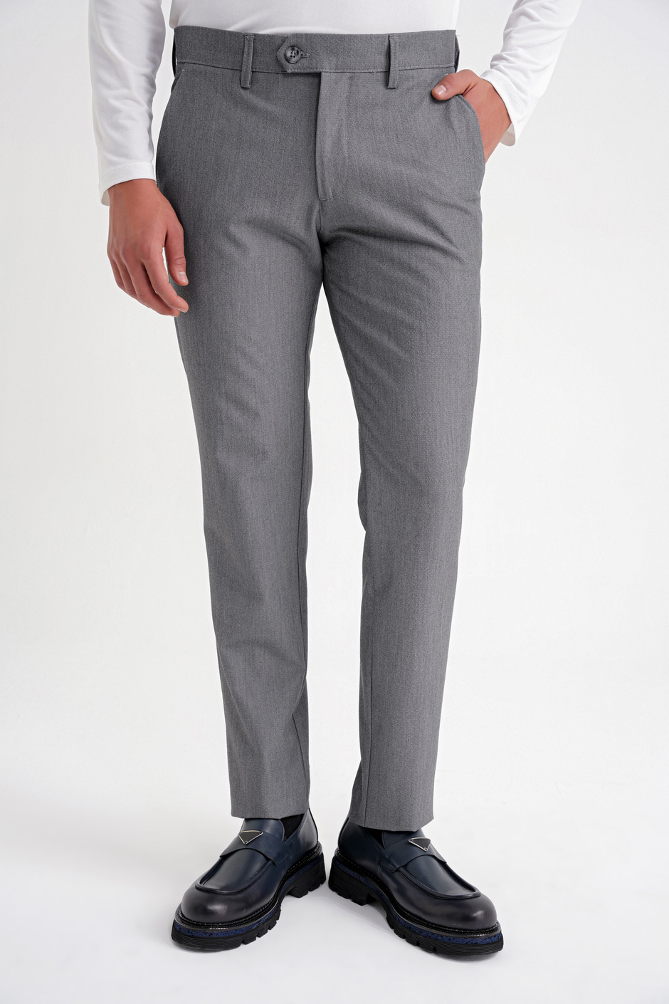 Comfort Fit Rahat Kalıp Yan Cepli Esnek Pamuklu Düz Füme Pantolon P 1201