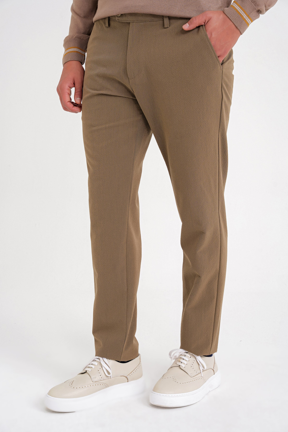Comfort Fit Rahat Kalıp Yan Cepli Esnek Pamuklu Düz Tütün Pantolon P 1201