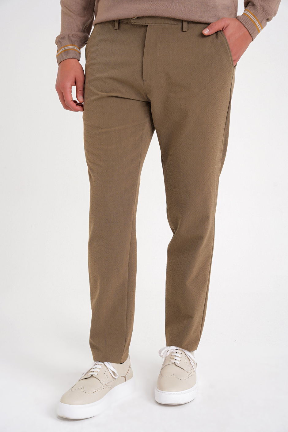 Comfort Fit Rahat Kalıp Yan Cepli Esnek Pamuklu Düz Tütün Pantolon P 1201