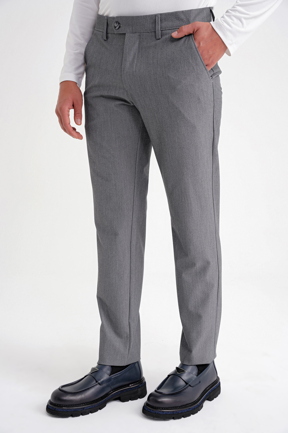 Comfort Fit Rahat Kalıp Yan Cepli Esnek Pamuklu Düz Füme Pantolon P 1201