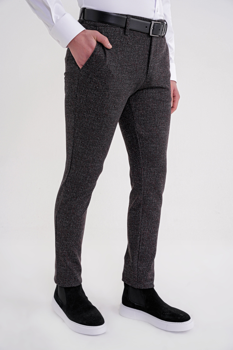 Comfort Fit Rahat Kalıp Yan Cepli Esnek Yünlü Kırçıllı Siyah Pantolon P 1208