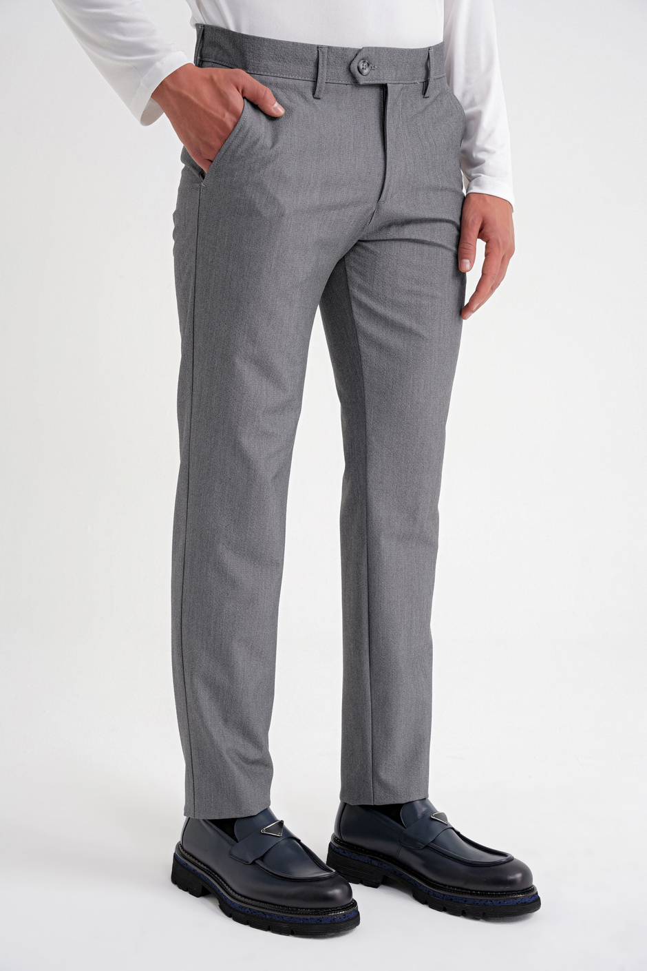 Comfort Fit Rahat Kalıp Yan Cepli Esnek Pamuklu Düz Füme Pantolon P 1201