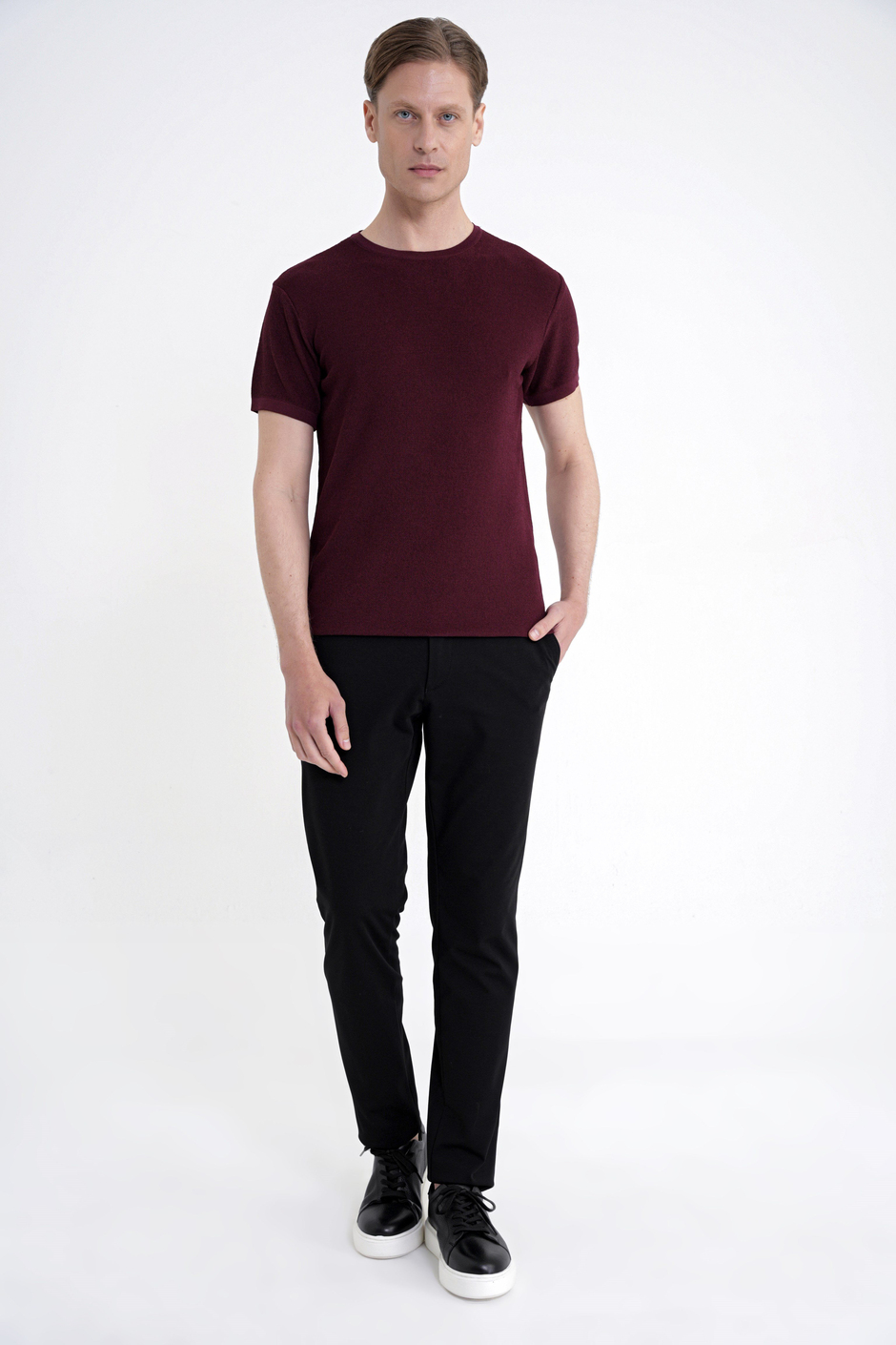 Comfort Fit Rayon Karışımlı Bisiklet Yaka Bordo Triko Tişört TS 925 