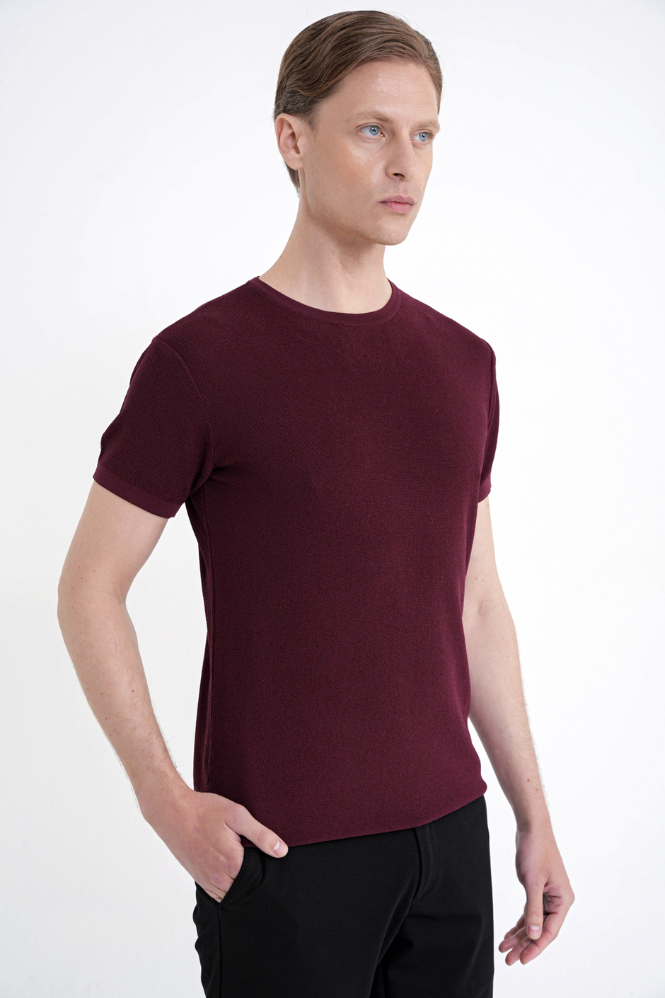 Comfort Fit Rayon Karışımlı Bisiklet Yaka Bordo Triko Tişört TS 925 