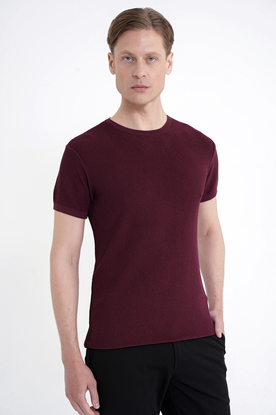 Comfort Fit Rayon Karışımlı Bisiklet Yaka Bordo Triko Tişört TS 925 