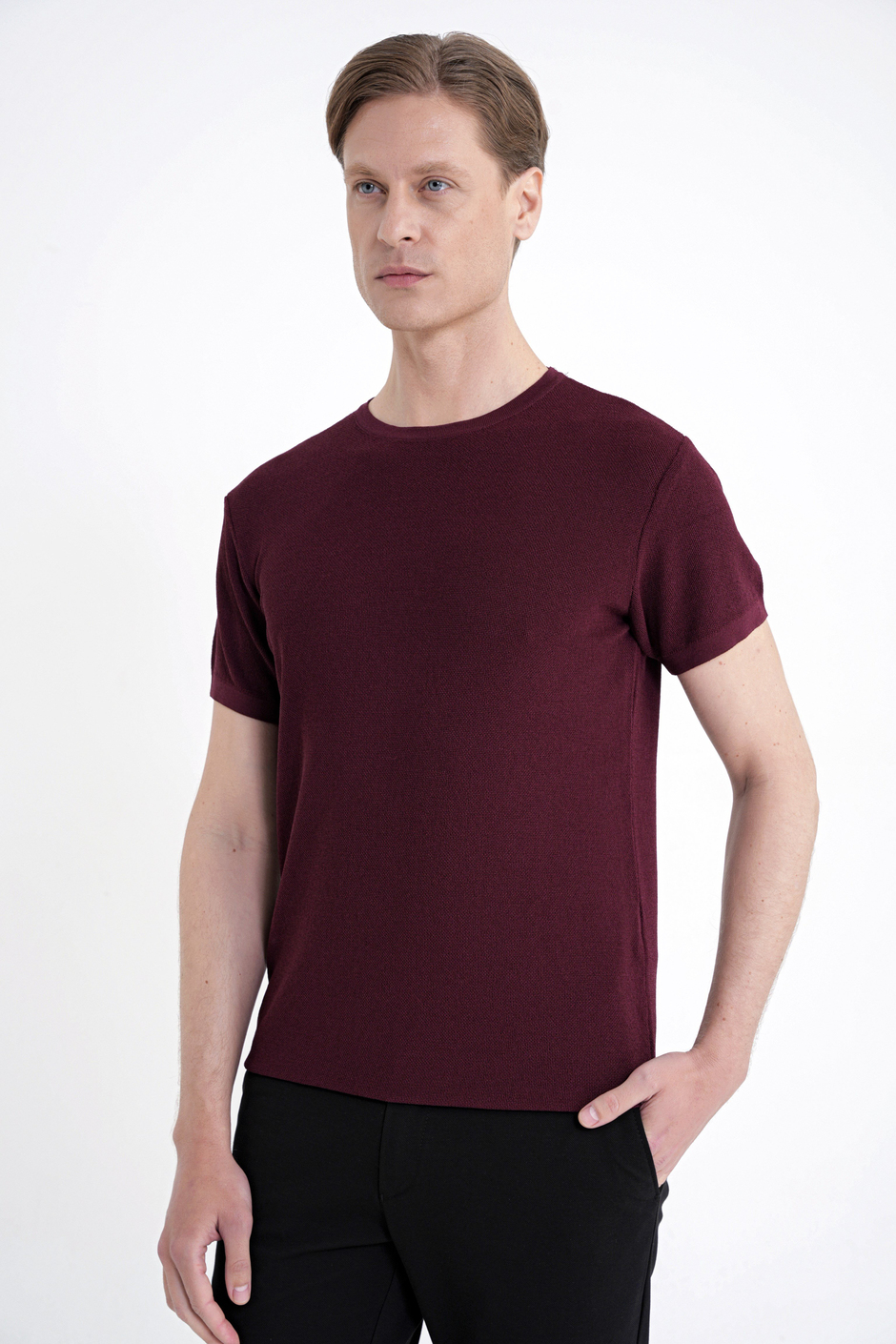 Comfort Fit Rayon Karışımlı Bisiklet Yaka Bordo Triko Tişört TS 925 