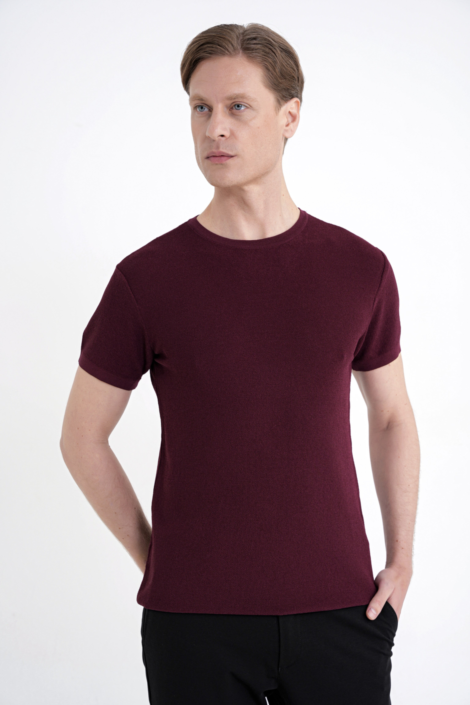 Comfort Fit Rayon Karışımlı Bisiklet Yaka Bordo Triko Tişört TS 925 