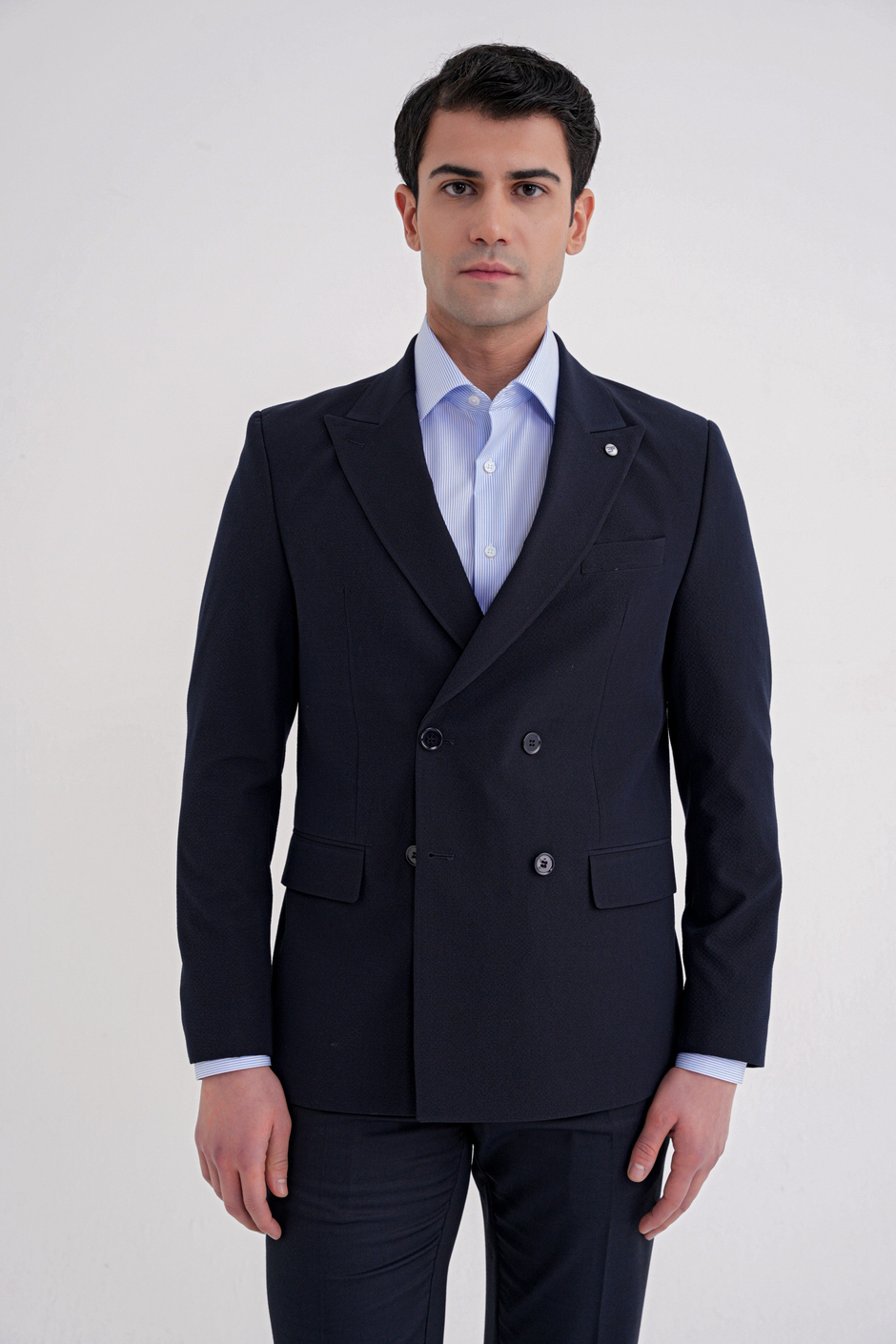 Comfort Fit Sivri Yaka Pamuklu Gofre Kumaş Kruvaze Lacivert-1 Ceket C 719