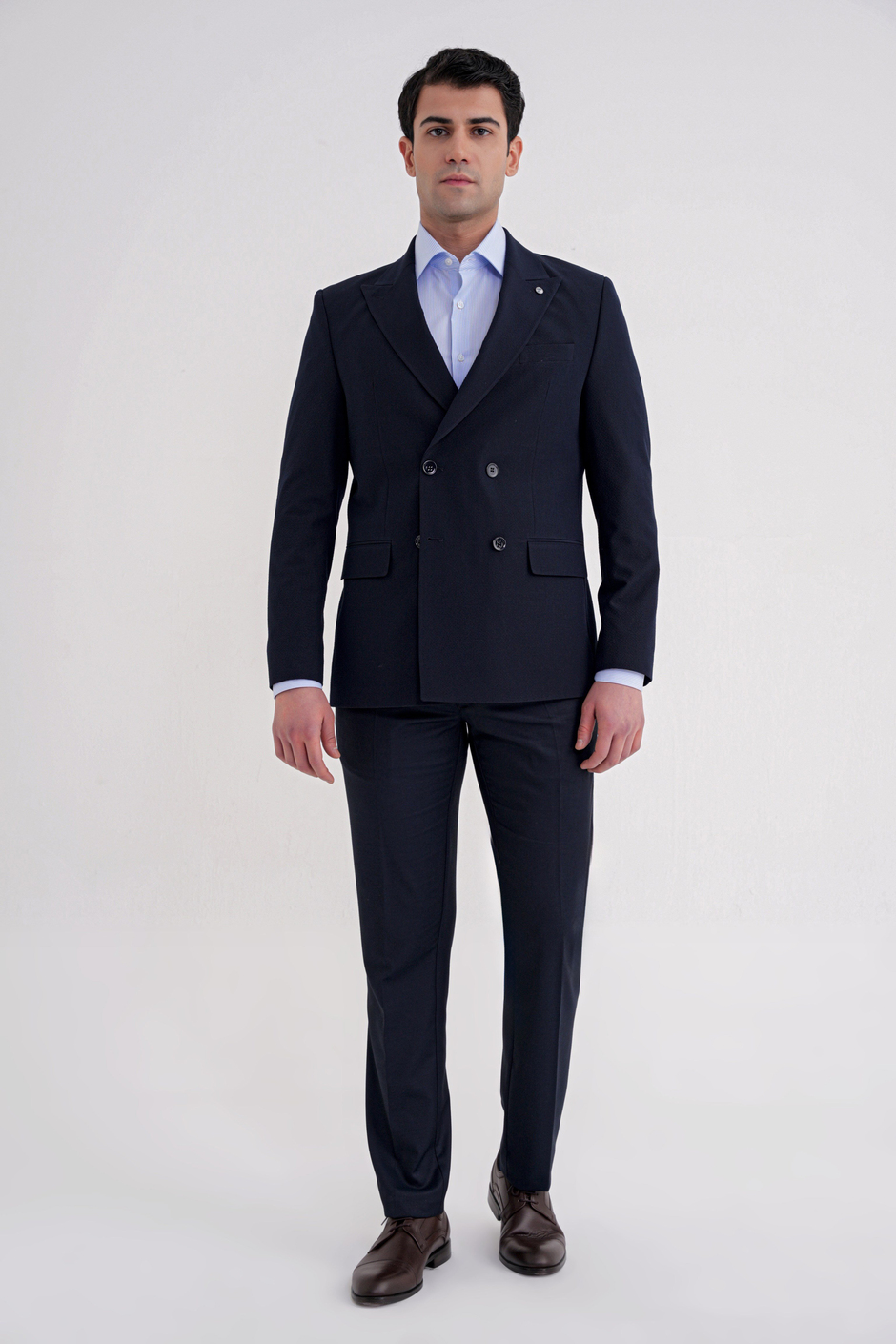 Comfort Fit Sivri Yaka Pamuklu Gofre Kumaş Kruvaze Lacivert-1 Ceket C 719