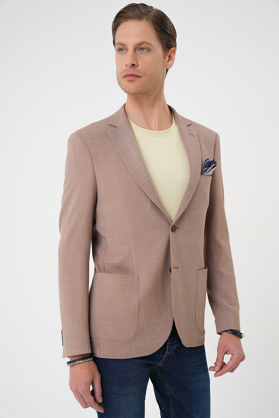 Comfort Fit Torba Cep Gofre Kumaş Bej Blazer Ceket C 679