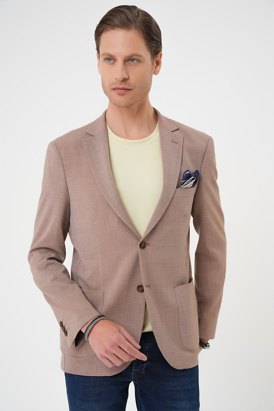 Comfort Fit Torba Cep Gofre Kumaş Bej Blazer Ceket C 679
