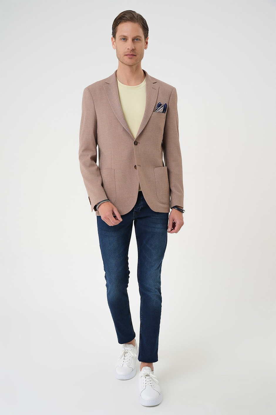 Comfort Fit Torba Cep Gofre Kumaş Bej Blazer Ceket C 679