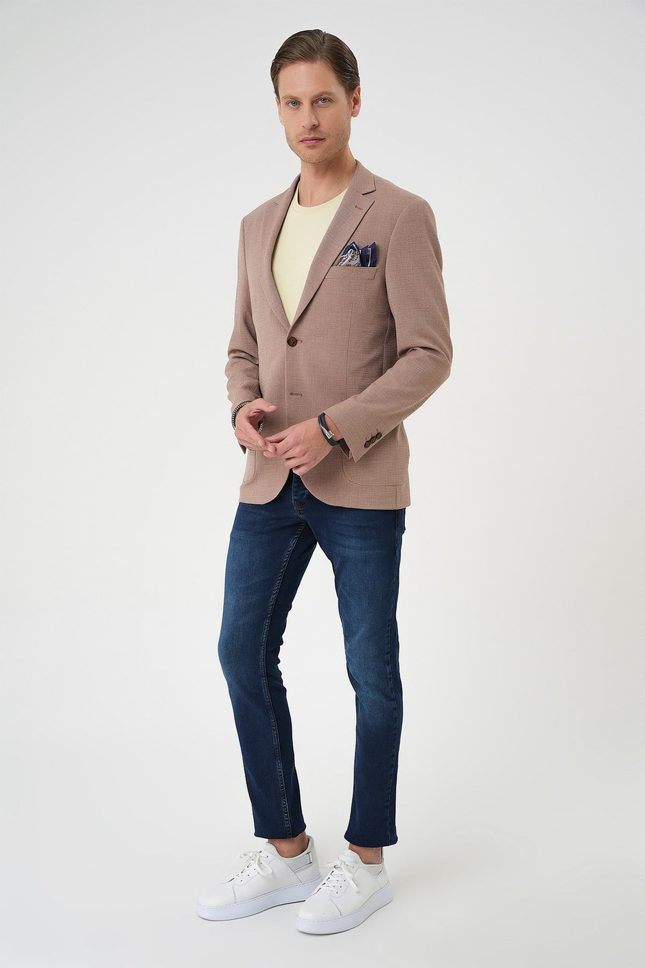 Comfort Fit Torba Cep Gofre Kumaş Bej Blazer Ceket C 679