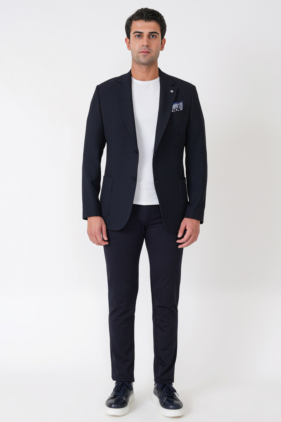 Comfort Fit Torba Cep Gofre Kumaş Esnek Pamuklu Lacivert Blazer Ceket C 739